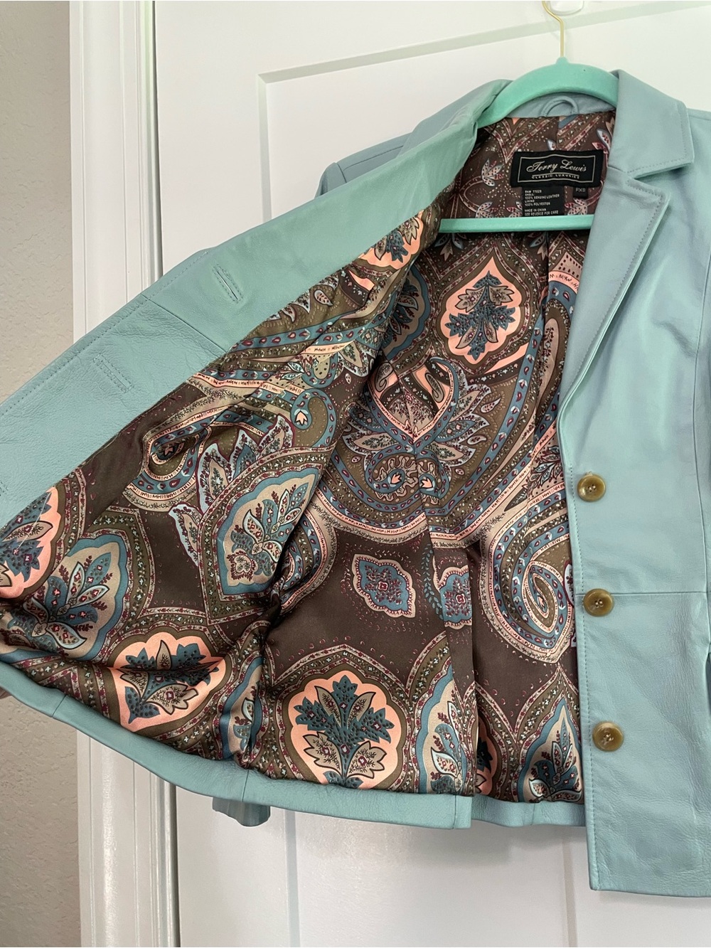 Vintage Terry Lewis Powder Seafoam Blue 100% Leather Blazer Tailored Jacket PXS - Picture 10 of 11